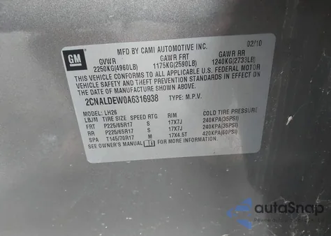 2010 Chevrolet Equinox Lt из США, поврежденный, VIN 2CNALDEW0A6316938